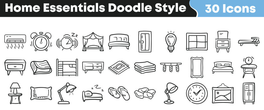 Set of hand drawn home essential icons for interior design project plans