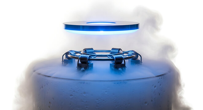 Isolated advanced cryogenic tank with glowing levitation, crucial for cold science