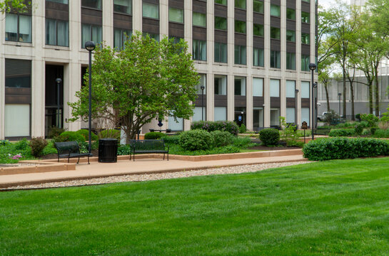 Vibrant green lawn in a peaceful urban park setting with modern office building facade, black benches, pathways, and diverse lush landscaping, ideal for corporate themes.