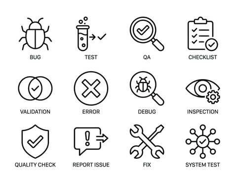 QA Testing Debug Line Icon Set Bug Fix Validation Inspection Outline
