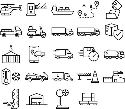 Set of logistics and delivery line icons representing transportation shipping freight cargo tracking warehouse supply chain management and distribution services for business