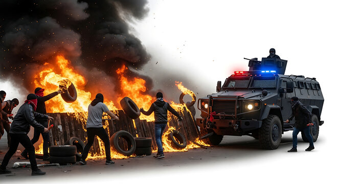 Isolated scene of violent street protest with burning barricade and police vehicle during civil unrest