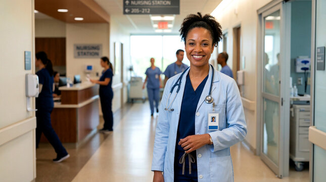Smiling Female Doctor Standing in Busy Hospital Hallway &mdash; Dokter Wanita Tersenyum Berdiri di Lorong Rumah Sakit yang Sibuk