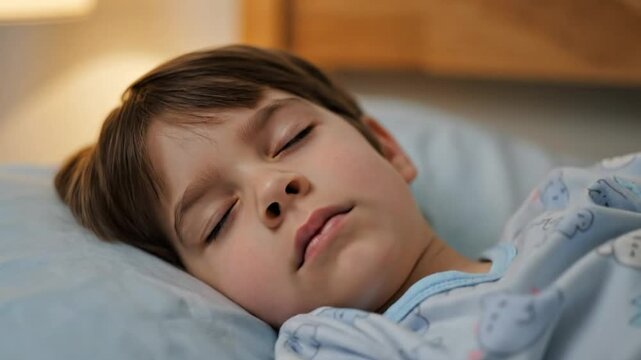 serene young boy sleeping peacefully in bed resting with eyes closed and breathing softly during the night