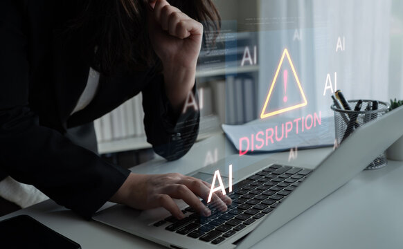 Disruption warning future of work, featuring AI agents replacing human jobs. Represents labor unemployment, corporate automation cost shift, and need for new career reskilling and upskilling. Corpus