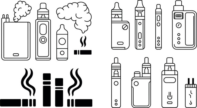 Electronic Cigarette Outline Set with Vape Devices and Smoking Icons Minimal Line Art Collection Vector Illustration Isolated on White Background