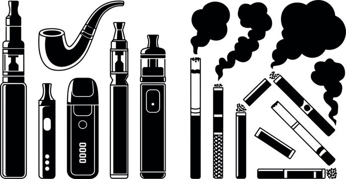 Electronic Cigarette Vape Device Set with Smoking Accessories and Vapor Clouds Black Silhouette Collection Vector Illustration Isolated on White Background