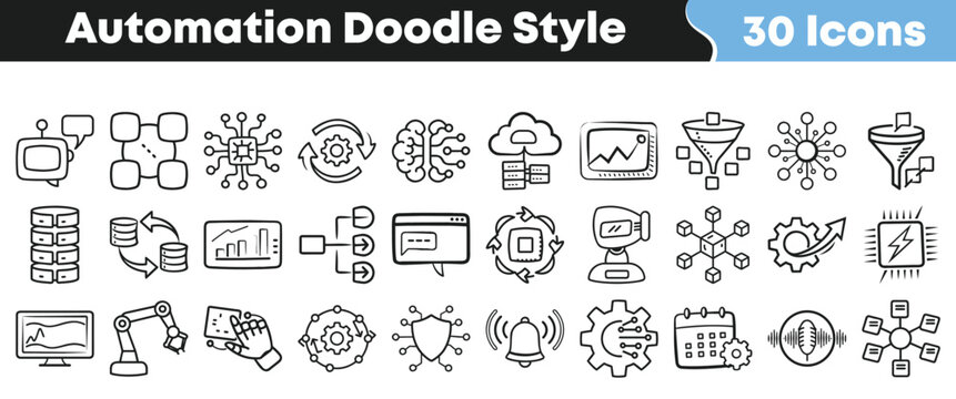 Collection of automation icons in a simple doodle style for diverse digital applications