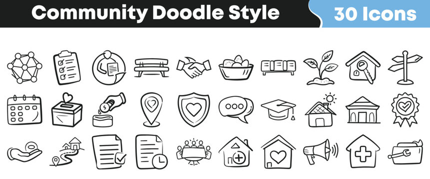 Set of community and social doodle style icons for various uses.