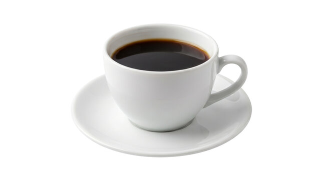 Coffee cup PNG isolated on transparent background, hot black coffee in white ceramic mug with saucer, steaming beverage, espresso, cafe drink, breakfast caffeine and barista concept