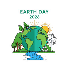 Fototapeta premium Earth Day 2026 Planet with Nature, Wind Turbine, Recycling Symbol, Sun, River