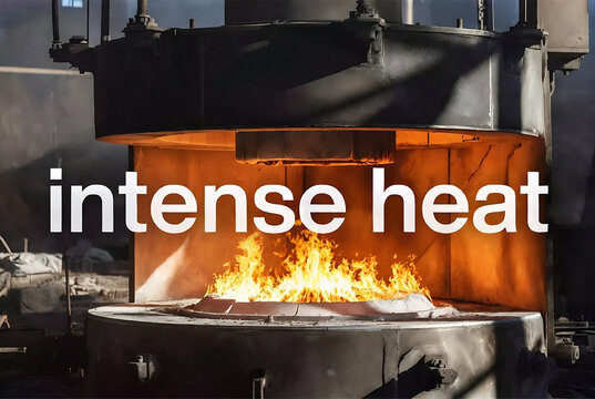 Subject: A metal forging process. Action: Metal is being heated intensely in a furnace. Setting: An industrial forge shop.
