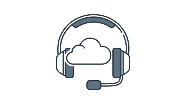 Headset with a microphone and a cloud icon, symbolizing cloud-based communication, online support, and virtual call centers.