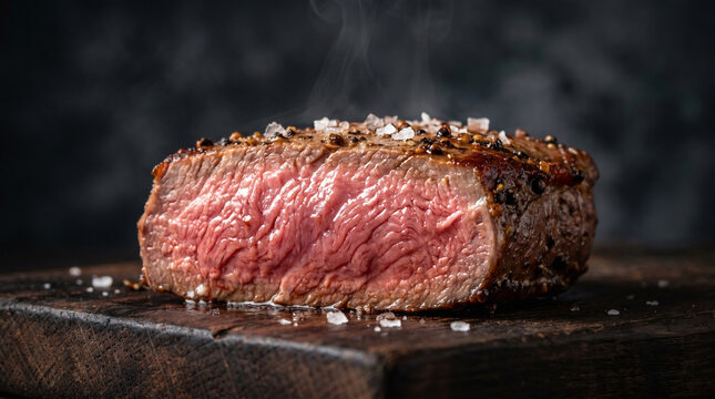Macro close-up of a juicy medium-rare steak slice with vibrant pink center and seared crust. Glistening meat texture with salt and pepper. Premium gourmet food background.