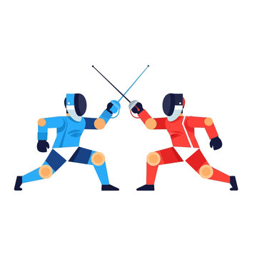 Two Fencers in Protective Gear Competing with Swords, Sports Illustration