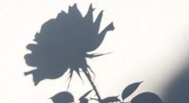 Dramatic silhouette of a blooming rose casting a sharp shadow against a stark white wall symbolizing romance beauty and ephemeral nature with delicate petals and thorny stem
