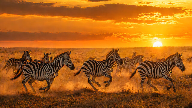 A large herd of striped zebras galloping energetically across the African savanna at golden sunset.