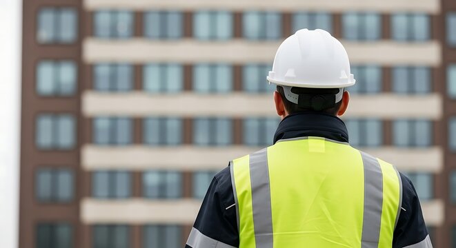 Construction worker in hard hat and high visibility vest looking at building