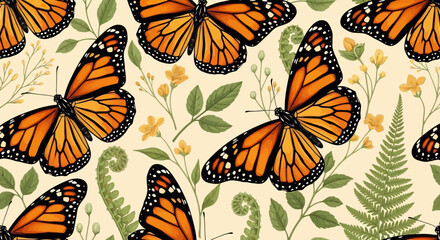 Monarch butterflies and flowers on beige background © Deshan