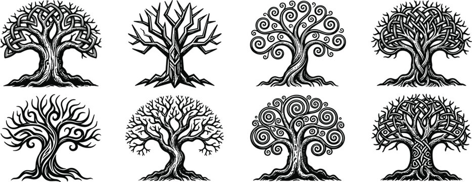 Stylized tree of life silhouettes with Celtic knot patterns, abstract organic forest artwork decorative botanical design isolated vector illustration element, flat vector illustration