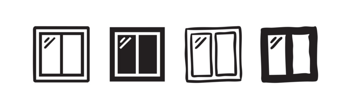 Window Icons Set with Glass Reflection in Outline Solid and Doodle Styles