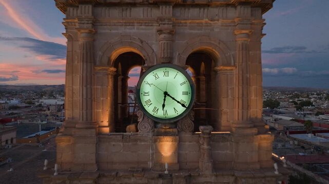Aerial drone footage captures majestic Cathedral Basilica in Durango, Mexico at twilight.