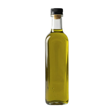 Elegant glass bottle of olive oil with cork stopper on plain background