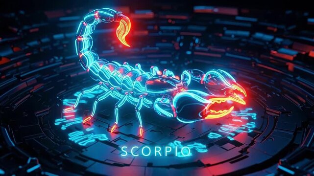 Neon glowing scorpio zodiac sign on digital background with text. Horoscope and astrology concept for fortune telling design.