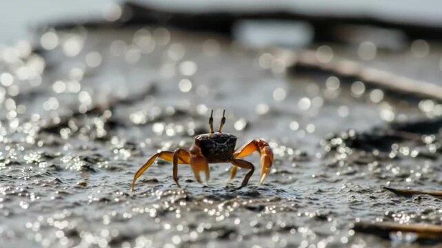 Crab standing on wet sand with claw raised