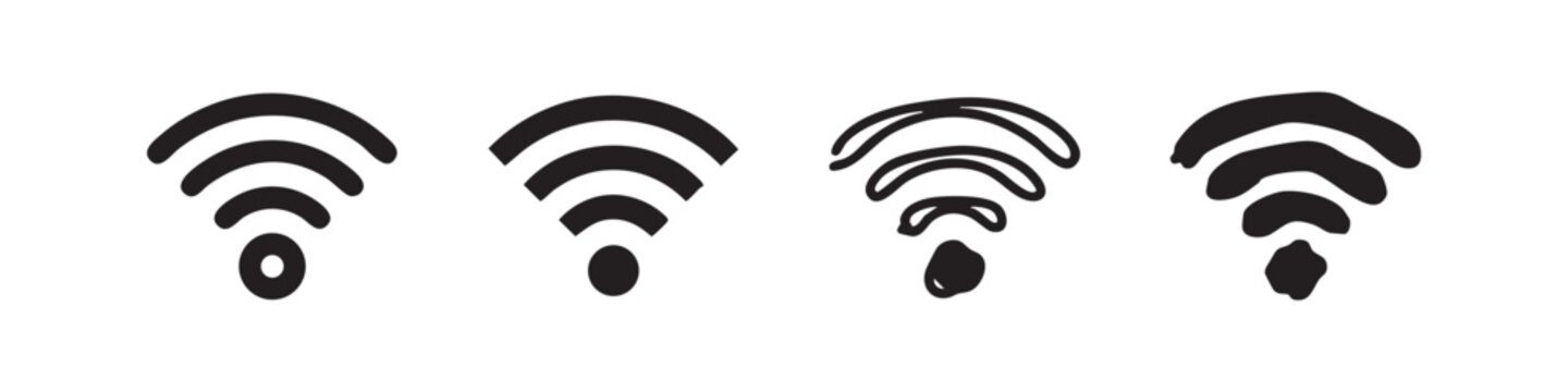Set of hand drawn wifi signal icons for wireless network connectivity