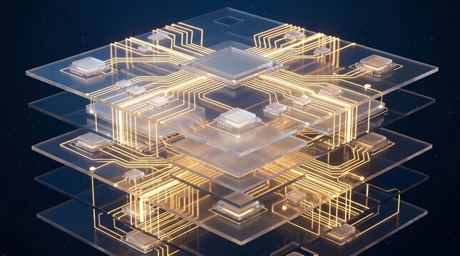 Abstract futuristic 3d computer processor architecture with multiple stacked translucent glass layers connected by intricate glowing gold electrical circuits