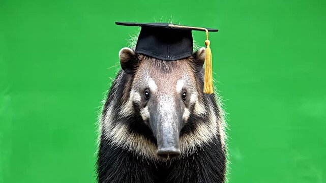 A cute anteater wearing a black graduation cap with a yellow tassel against a green background, looking directly at the viewer.