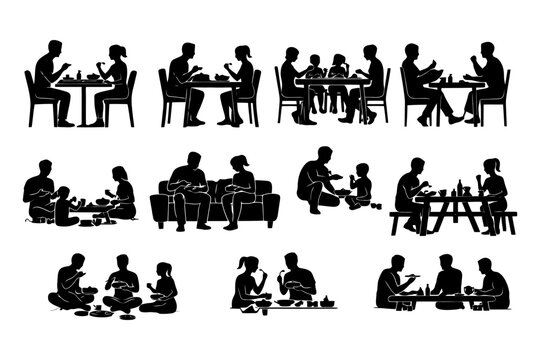 Silhouette family diverse dining and interacting scenes.