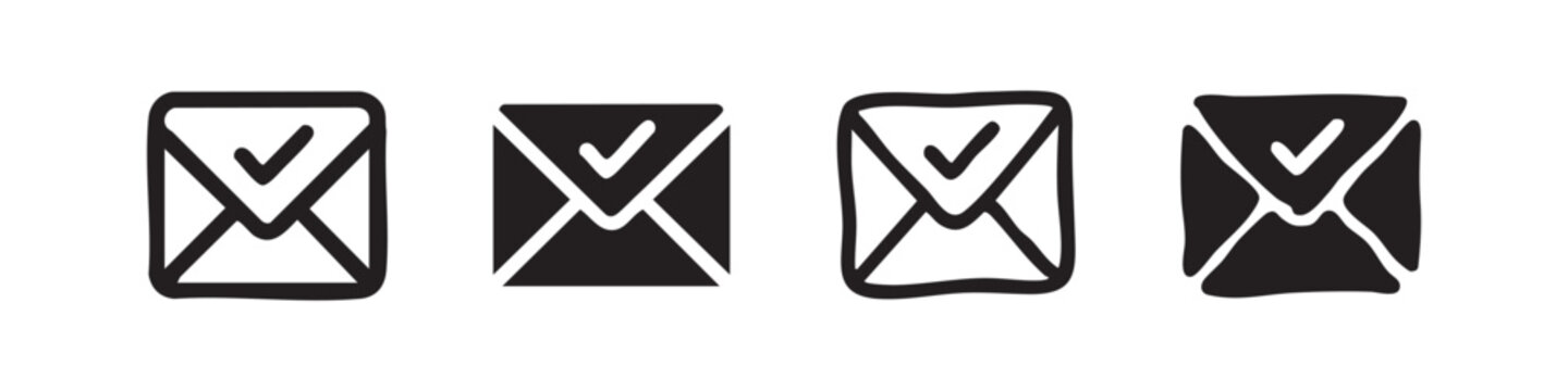 Sent Email Message with Checkmark Icon Set - Hand Drawn and Solid Vector Illustration