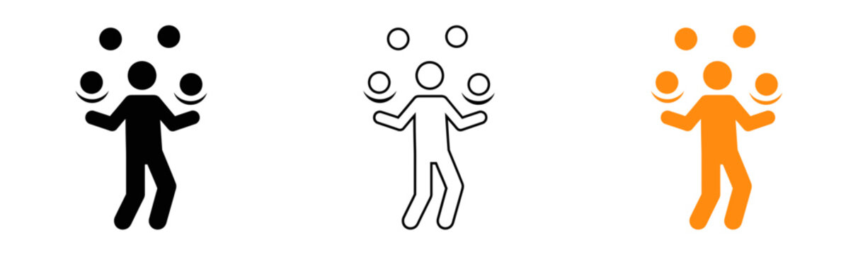 Minimalist illustration of a juggler and scattered circles on a black background