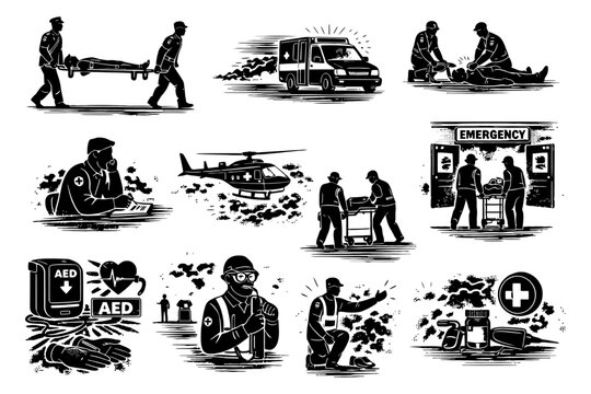 Emergency response scenes: paramedics, rescue helicopter, ambulance, aed, first aid kit.