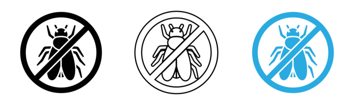 Pest control icons fly and no fly zone symbols in light blue