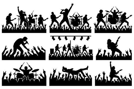 Energetic silhouette rock concert with band and crowd in dynamic performance atmosphere.