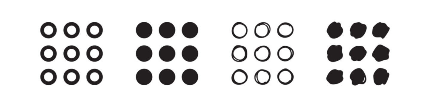 3x3 Dot Grid Menu Icon Set - App Interface Navigation Symbols in Different Styles