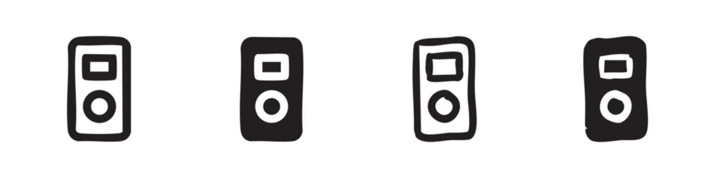 Music player icons set, hand-drawn MP3 devices in outline and solid for audio entertainment and technology.