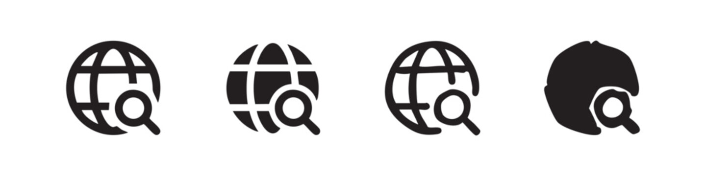 Global search and internet discovery icons, hand-drawn world globe with magnifying glass symbols.