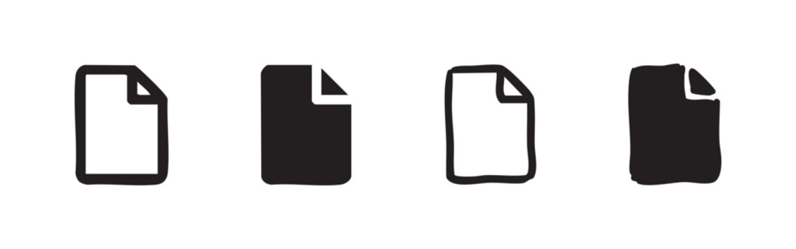 Document file icons set, hand-drawn paper symbols in outline and solid styles for data and office work.