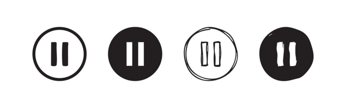 Pause button icon set. Stop or hold symbol in different styles. Media player control line art and solid glyphs on white background.