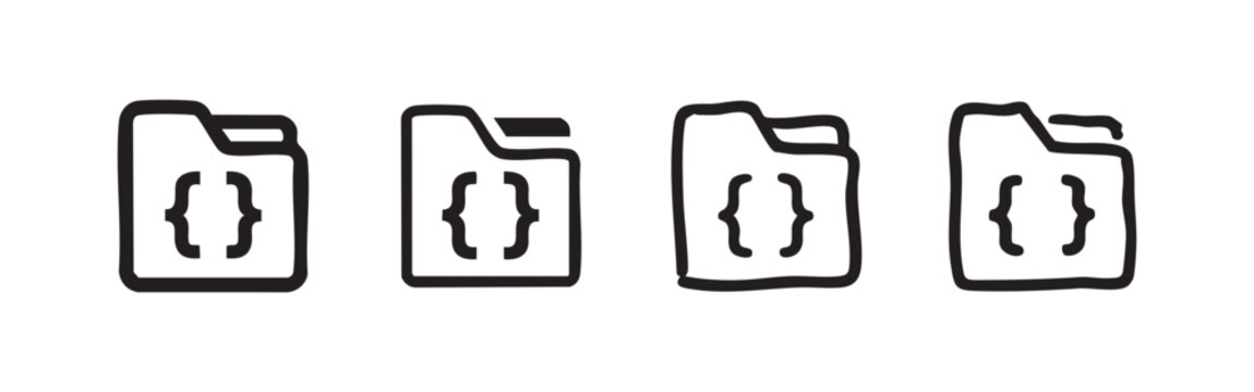 Code folder icon set. Programming file directory symbol in different styles. Software development line art and solid glyphs on white background.