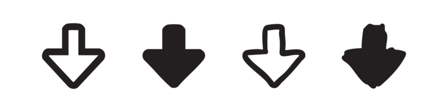 Hand drawn down arrow icon set. Black direction and navigation symbols on white background. Doodle style pointer collection.