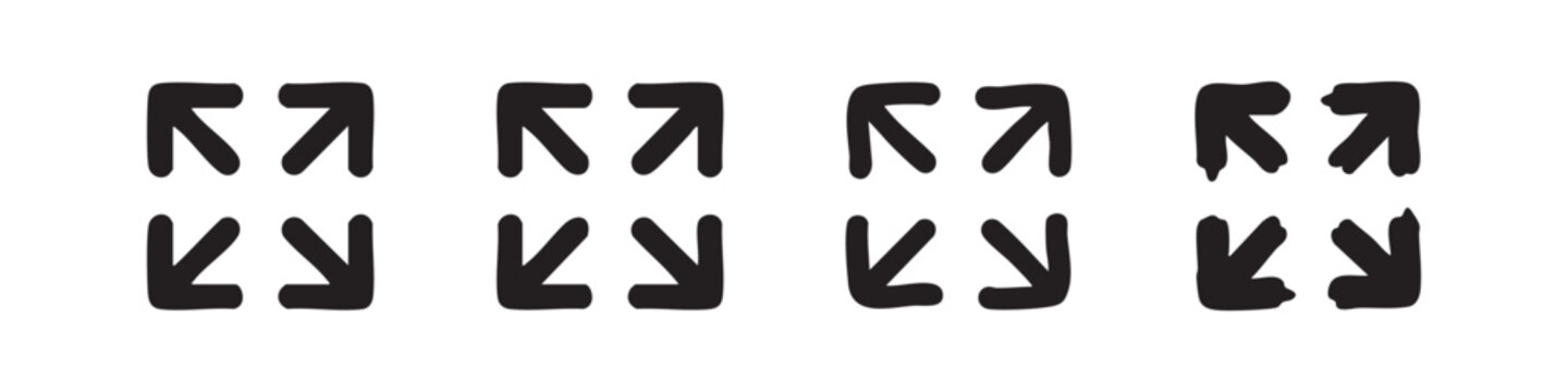 Hand drawn fullscreen and expand icon set. Black enlarge symbols on white background. Doodle style user interface elements.