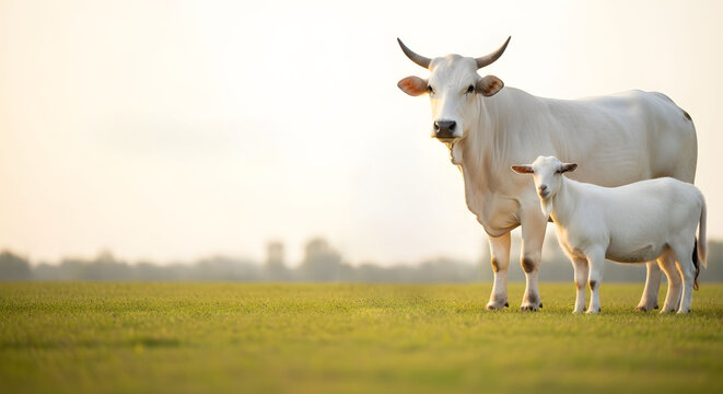 White cow and goat standing on a wide green field under a bright morning sky. Perfect for Eid al-Adha sacrifice themes, Islamic holiday greeting cards, and religious celebration marketing materials.