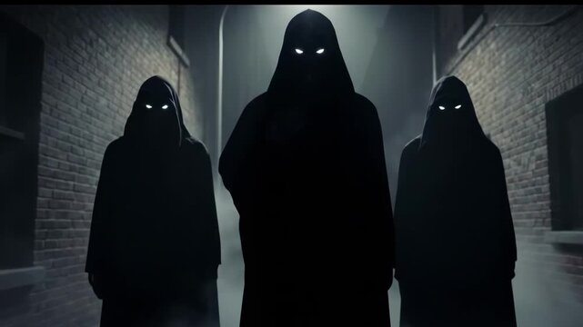 Three figures in hooded robes in a dimly lit alleyway