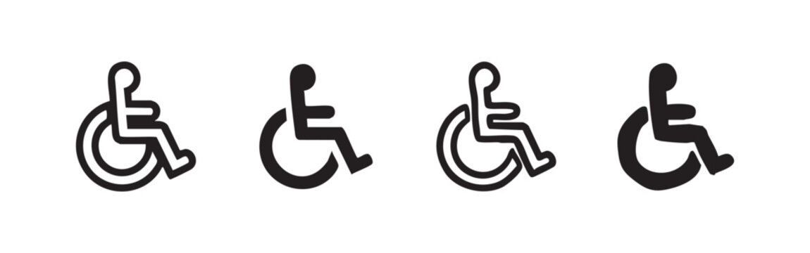 Wheelchair disability sign icon set. Handicapped person access symbol in doodle style.