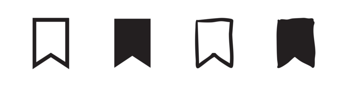 Bookmark ribbon icon set. Favorite or save tag symbol in hand drawn doodle style.
